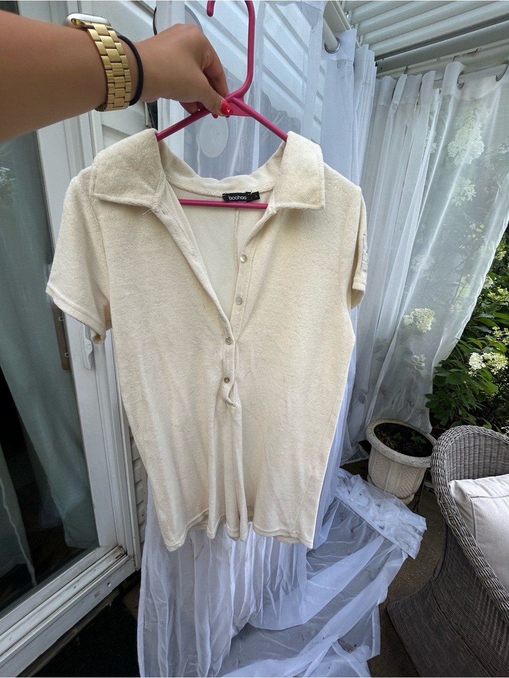 Boohoo Cream Short Sleeve Polo Button-Front Romper